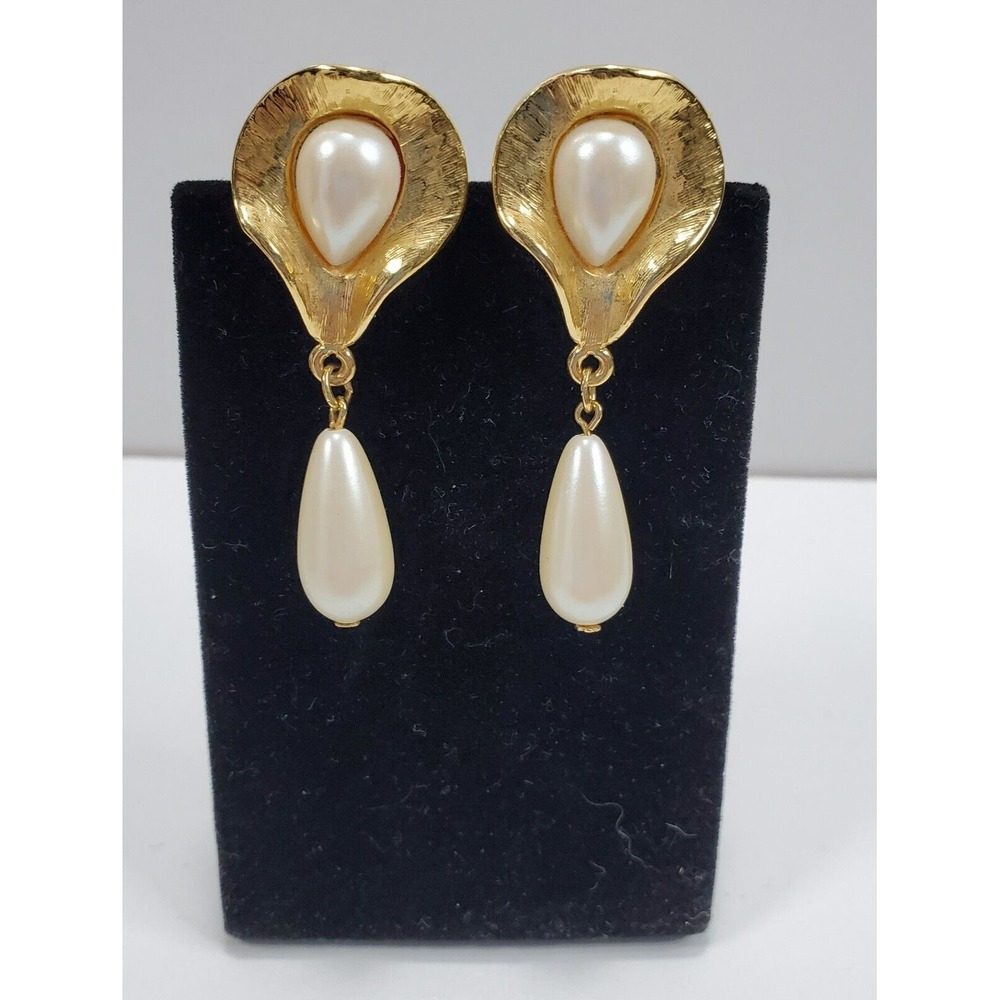 Vintage Lady Remington Baroque Statement Gold Tone Faux Pearl Pierced Earrings